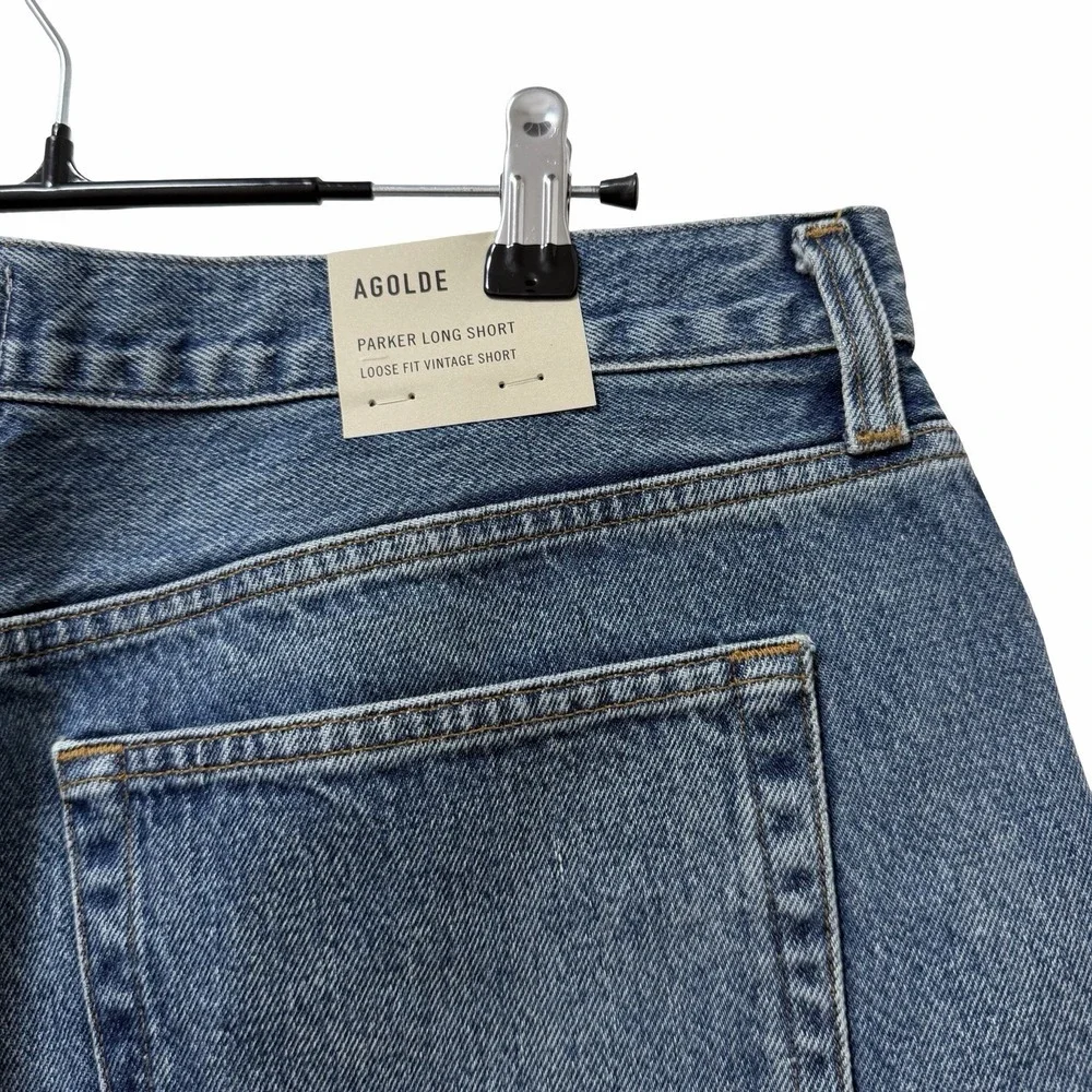 AGOLDE Womens Parker Long Denim Cutoff Shorts Size 32 Medium Wash Button Fly NEW